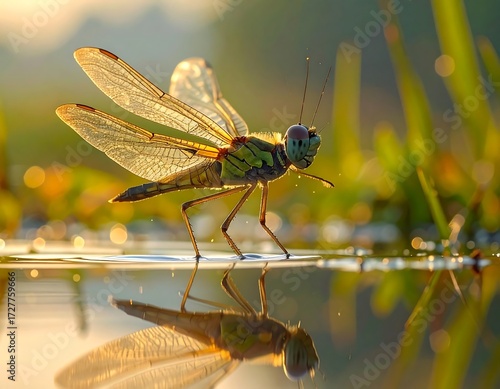 Delicate dragonfly on a water surface at dawn