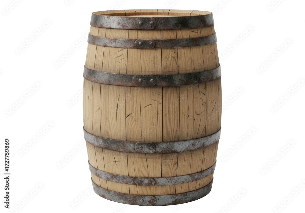 Fototapeta premium A rustic, aged wooden barrel of light brown oak with prominent wood grain, cracks, and weathered dark metal hoops, on a transparent studio background with no shadows. Concept for commercial