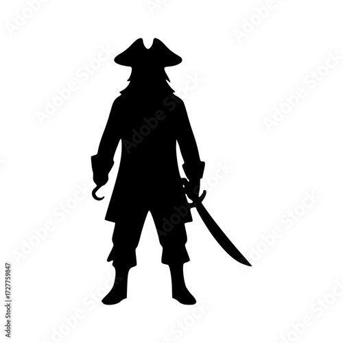 Silhouette of a fierce pirate, armed with a sword and hook hand, set against a neutral backdrop. The pirate is wearing a hat and coat, showcasing a classic look of a swashbuckler.