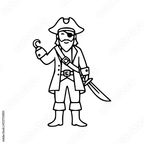 A brave pirate ready for adventure, with a hook, sword, and eye patch