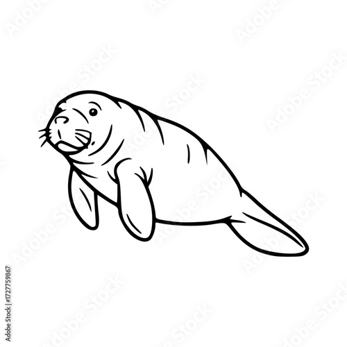 A charming illustration of a gentle manatee, a marine mammal, is presented, exhibiting its unique features in a streamlined black outline