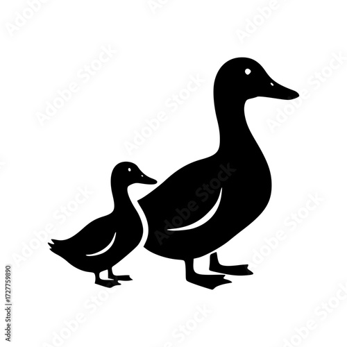 An illustration of a mother duck and her duckling standing closely together. They are both in silhouette, with the mother duck being much larger than the duckling