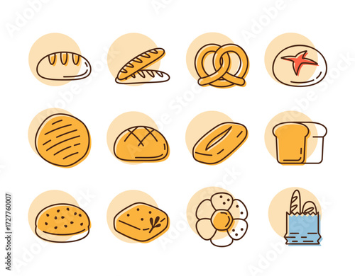 Various Bread Types Vector Icon Collection