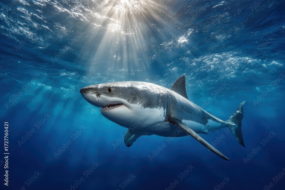 Naklejka premium Great white shark swimming gracefully in the clear blue waters of the Pacific Ocean under the sunlight