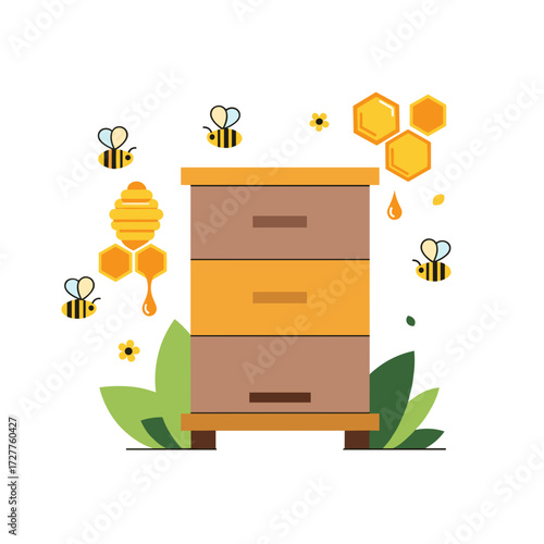 Bee hive icon with flying bees and honeycombs. This bee hive design shows cute bees gathering near bee hive. Perfect for your next bee hive project, these bees will bring sweetness to your message.