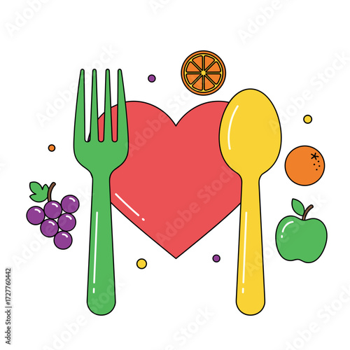 Health food elements of fork, spoon, and heart illustration, with colorful fruit. Health food, as depicted, represents a balanced diet and well-being.