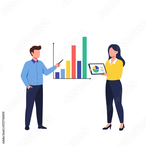 Illustrative business presentation with colorful bar chart and people. Business presentation showcases financial data, market analysis, and growth projections for investors, clients.