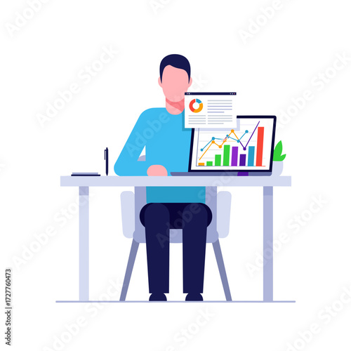 Man at desk working with bar graph on computer screen. Man at desk is analyzing financial data, business reports and company performance, improving strategies.