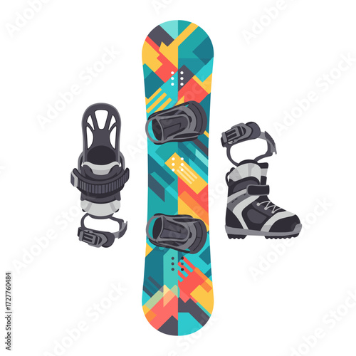 Snowboard equipment isolated on white backdrop for winter sports activities. Snowboard gear presents bindings, snowboard boot and colorful board for downhill adventures.