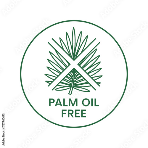 Palm oil free sign displays no palm oil, a dietary choice for consumers. Palm oil free symbol, featuring crossed-out palm leaf, promotes sustainable consumption and healthy ingredients.