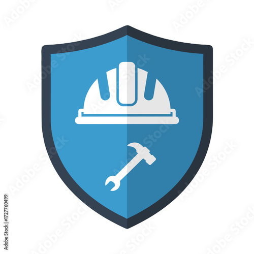 Construction safety icon depicts hard hat with hammer and shield, embodying protection and regulations for workers.