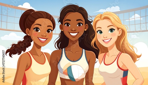 Three cartoon women smile in front of a volleyball net under a sunny sky