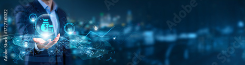 Businessman hand hold of Budget and global networking. financial planning tools, expense optimization platforms, digital forecasting systems, enterprise resource allocation, ROI-driven strategies.