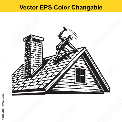 Vector art of roofer working on a house roof