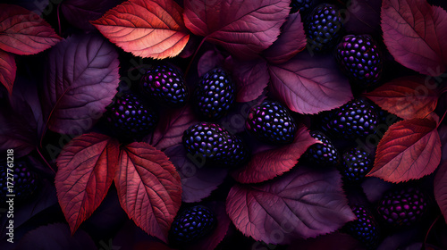 Mulberry Pie Burgundy Gradient Soft Focus Close Up of Leaves and Blackberries