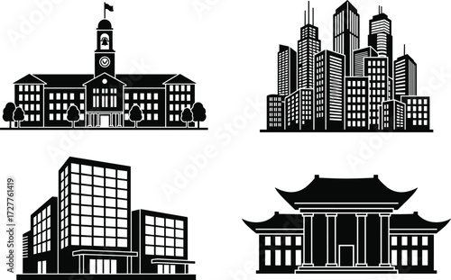 Architectural building silhouettes including classical clock tower, modern skyscrapers, apartment complex, East Asian temple, black vector city structure illustration