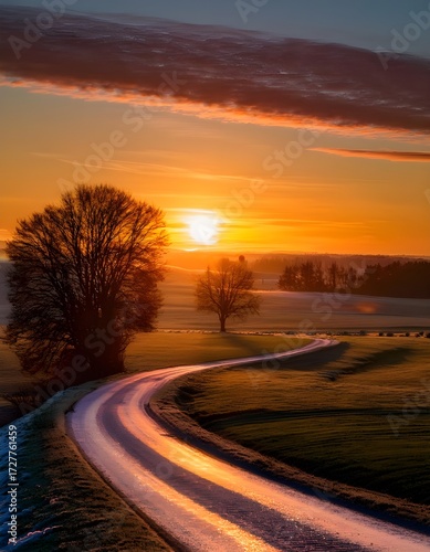 Evening landscape image; over a green field and a country road lit by the orange sunset 