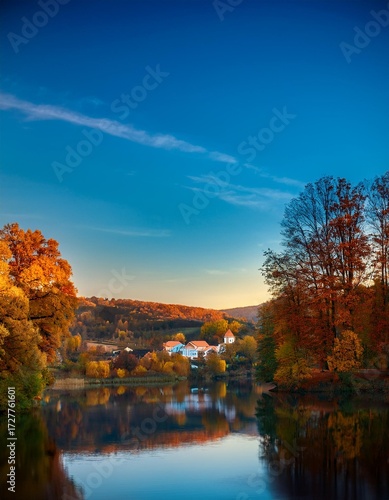 Landscape and trees, romantic evening in the lake during sunset with blue sky; flying over 