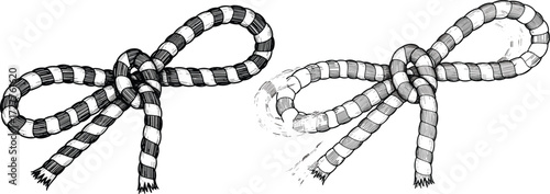 Bowline knot tying steps, striped rope tutorial, sailing and climbing knot guide, secure loop technique vector for education use