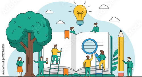 Collaborative learning illustration with open book, light bulb, ladder, magnifying glass, tree, pencil, characters exploring knowledge and ideas