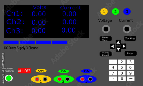EPS Vector of Laboratory Bench DC Power Supply
Clean Line Art of Adjustable DC Power Supply
 Detailed EPS vector illustration of a DC power supply front panel, designed in clean line art style. 
