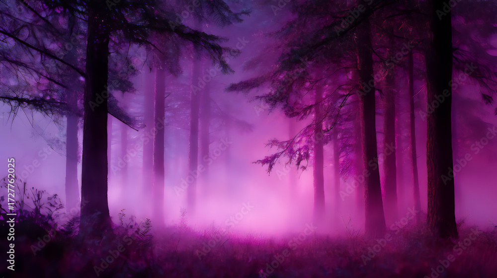 Fototapeta premium Mystical Forest Scene Bathed in Deep Magenta Hues with Fog and Glowing Highlights