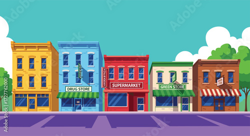 Colorful commercial street with drugstore, supermarket, café, green store, small buildings, signage, parking, urban retail scene vector illustration