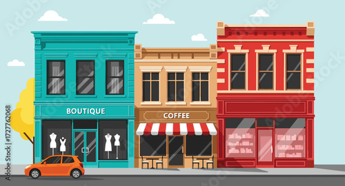 Colorful storefront street scene with boutique, coffee shop, retail display windows, parked car, urban lifestyle vector illustration with classic architecture