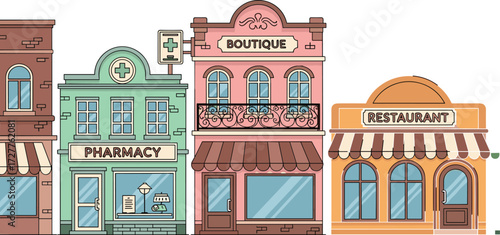 Colorful storefront street scene with pharmacy, boutique, restaurant, urban architecture, retail diversity, commercial buildings, small business, vibrant neighborhood illustration