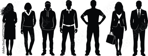 Diverse people silhouettes in casual and formal attire, black vector illustration showing fashion, posture, identity, and social representation themes