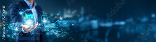 Businessman hand hold of Web Development and global networking. front-end and back-end platforms, responsive website frameworks, CMS solutions, e-commerce integration tools