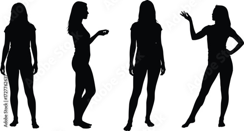 Human silhouette poses with standing, gesturing, dynamic stances, arm movements, body language, black vector illustration for art and animation reference