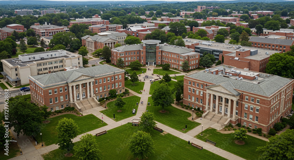 Fototapeta premium Expansive Aerial View of a Historic University Campus with Green Lawns
