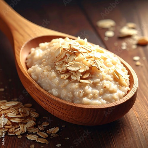 Oatmeal in wooden spoon on a table