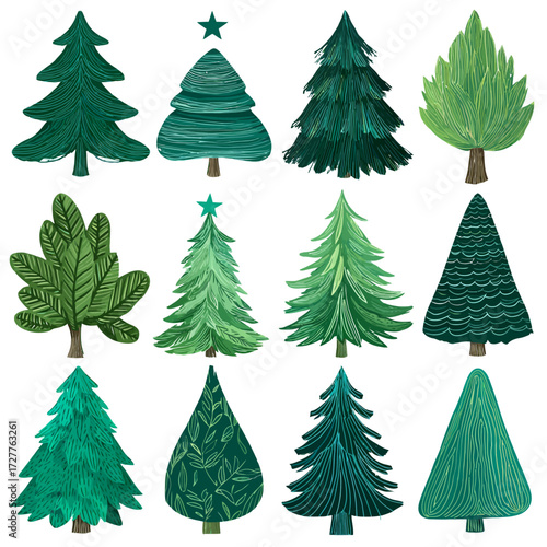 Tree Collection A set of twelve unique textured green trees on a white background