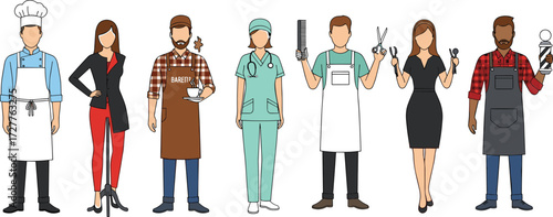 Profession character illustration set with chef, barista, healthcare worker, stylist, businesswoman, ice cream vendor, showcasing occupational diversity and attire