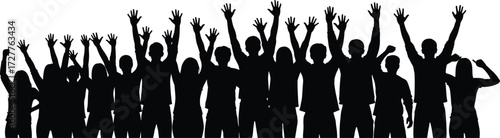 Silhouetted crowd raising hands in unity, black vector illustration symbolizing celebration, support, teamwork, protest, community, and collective enthusiasm