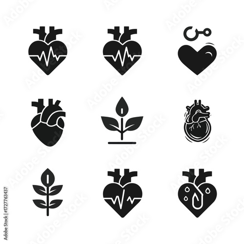Medical Icons Heart, pulse, dumbbells, plant, anatomy, and stylized leaf design
