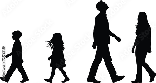 Silhouette walking figures, child to adult progression, human growth stages, life journey concept, age transition vector for educational use