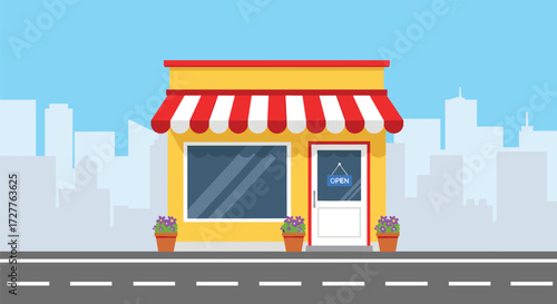 Small storefront with striped awning, open sign, potted flowers, road, city skyline, urban retail shop vector illustration for commerce