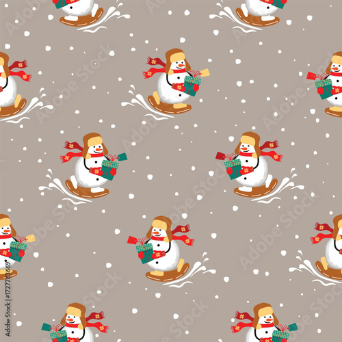 Winter seamless pattern with cute snowman. Funny cartoon character with snowbord and gift, dressed in red scarf, mittens and brown hat. Christmas  print on fabric and paper. Vector design.