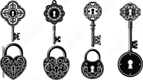 Vintage ornate keys and matching locks silhouette set with filigree design, heart shapes, scrollwork, black vector illustration for decoration