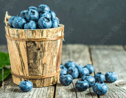 Fresh blueberries in a wooden bucket on a rustic table (1)