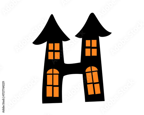 Spooky Halloween Letter H Haunted House Illustration with Glowing Windows