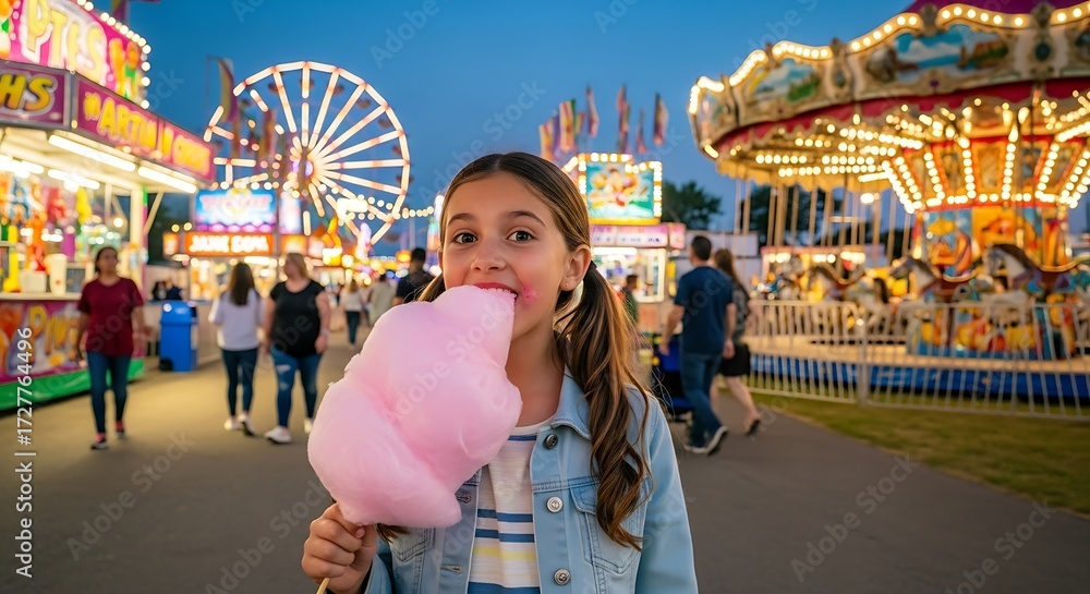 Obraz premium A young girl enjoys fluffy pink cotton candy at an outdoor fair with a Ferris wheel and carousel lit up in the background at twilight