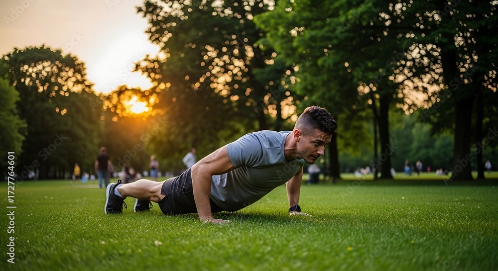 Fototapeta premium Man doing push - ups outdoors on the grass at sunset working hard to maintain his fitness and muscle mass with a challenging workout