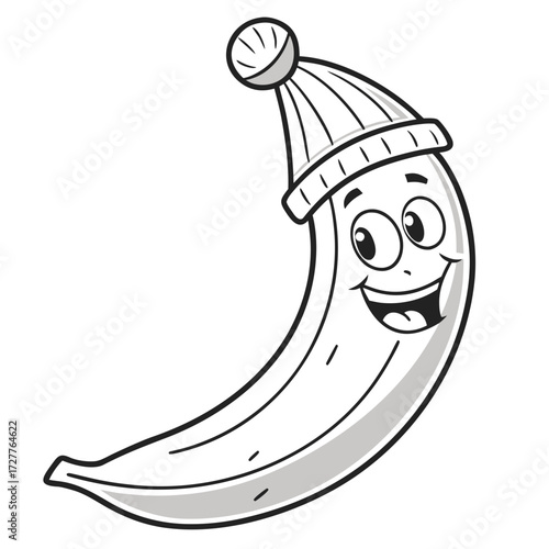 A cheerful cartoon banana character wearing a winter beanie hat smiling with wide eyes and an open mouth isolated on a white background representing a happy and festive fruit
