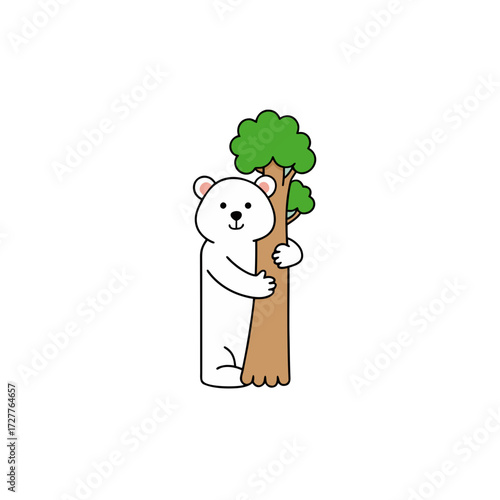 cartoon white polar bear hug tree  cuddly vector 