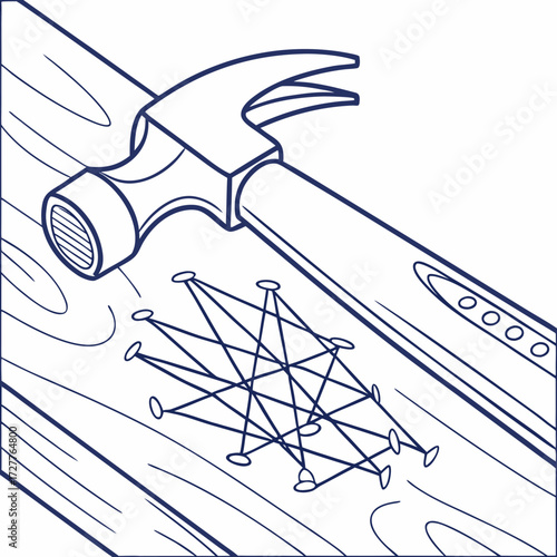 A close up illustration of a hammer about to strike a nail on a wooden board creating a string art pattern with multiple interconnected lines and points