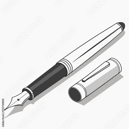 A classic silver and black fountain pen with its cap removed showcasing its elegant nib and sophisticated design isolated on a clean white background with subtle shadows